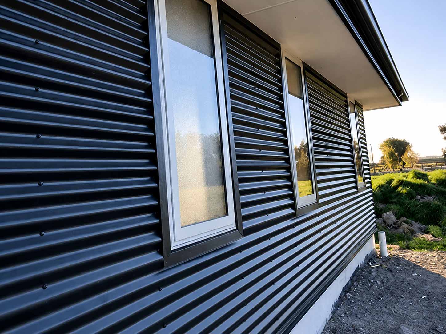Dark corrugated iron wall cladding and window detailing on a Christchurch home, showing exterior building features often affected by internal gutter overflow